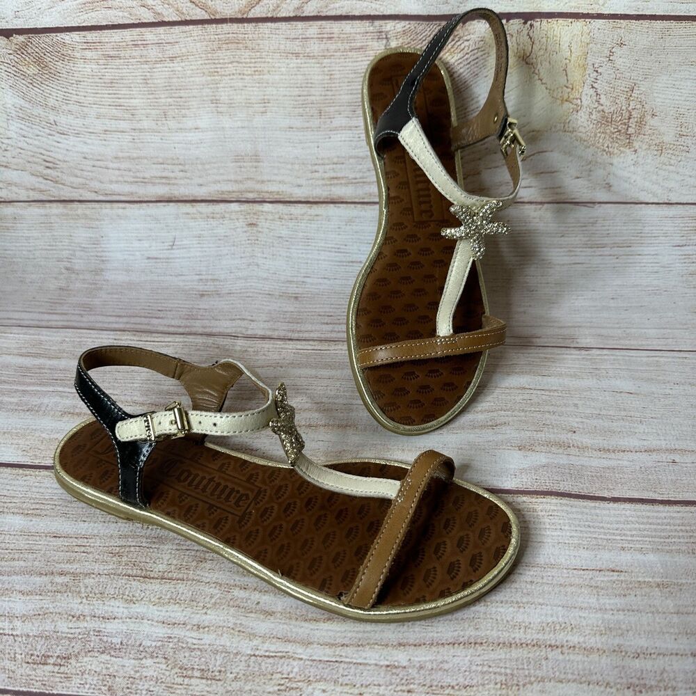Juicy Couture Black Beige Gold Rhinestone Starfish Strappy Sandals Women's 7